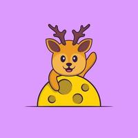 Cute deer is on the moon. Animal cartoon concept isolated. Can used for t-shirt, greeting card, invitation card or mascot. Flat Cartoon Style vector