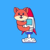 Cute fox flying on rocket. Animal cartoon concept isolated. Can used for t-shirt, greeting card, invitation card or mascot. Flat Cartoon Style vector