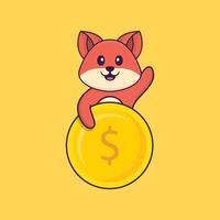 Cute fox holding coin. Animal cartoon concept isolated. Can used for t-shirt, greeting card, invitation card or mascot. Flat Cartoon Style vector