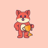 Cute fox holding gold trophy. Animal cartoon concept isolated. Can used for t-shirt, greeting card, invitation card or mascot. Flat Cartoon Style vector