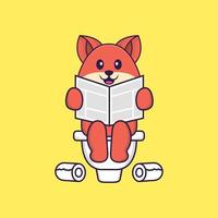 Cute fox Pooping On Toilet and read newspaper. Animal cartoon concept isolated. Can used for t-shirt, greeting card, invitation card or mascot. Flat Cartoon Style