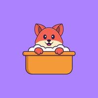 Cute fox taking a bath in the bathtub. Animal cartoon concept isolated. Can used for t-shirt, greeting card, invitation card or mascot. Flat Cartoon Style vector