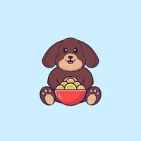 Cute dog eating ramen noodles. Animal cartoon concept isolated. Can used for t-shirt, greeting card, invitation card or mascot. Flat Cartoon Style vector