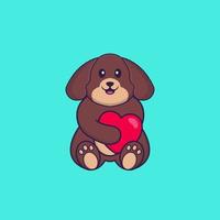 lindo perro sosteniendo un gran corazón rojo. aislado concepto de dibujos animados de animales. Puede utilizarse para camiseta, tarjeta de felicitación, tarjeta de invitación o mascota. estilo de dibujos animados plana vector