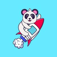 Cute Panda flying on rocket. Animal cartoon concept isolated. Can used for t-shirt, greeting card, invitation card or mascot. Flat Cartoon Style vector