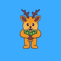 Cute deer holding money. Animal cartoon concept isolated. Can used for t-shirt, greeting card, invitation card or mascot. Flat Cartoon Style vector