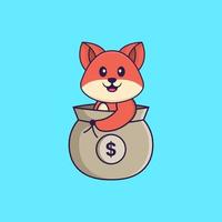 lindo zorro en una bolsa de dinero. aislado concepto de dibujos animados de animales. Puede utilizarse para camiseta, tarjeta de felicitación, tarjeta de invitación o mascota. estilo de dibujos animados plana vector