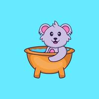 Cute koala taking a bath in the bathtub. Animal cartoon concept isolated. Can used for t-shirt, greeting card, invitation card or mascot. Flat Cartoon Style vector