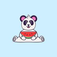 Cute Panda eating watermelon. Animal cartoon concept isolated. Can used for t-shirt, greeting card, invitation card or mascot. Flat Cartoon Style