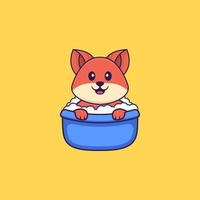 Cute fox taking a bath in the bathtub. Animal cartoon concept isolated. Can used for t-shirt, greeting card, invitation card or mascot. Flat Cartoon Style vector