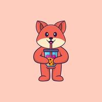 Cute fox Drinking Boba milk tea. Animal cartoon concept isolated. Can used for t-shirt, greeting card, invitation card or mascot. Flat Cartoon Style vector