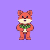 Cute fox holding money. Animal cartoon concept isolated. Can used for t-shirt, greeting card, invitation card or mascot. Flat Cartoon Style vector