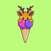 Cute deer with sweet ice cream. Animal cartoon concept isolated. Can used for t-shirt, greeting card, invitation card or mascot. Flat Cartoon Style vector