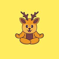 Cute deer is meditating or doing yoga. Animal cartoon concept isolated. Can used for t-shirt, greeting card, invitation card or mascot. Flat Cartoon Style