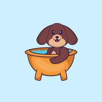Cute dog taking a bath in the bathtub. Animal cartoon concept isolated. Can used for t-shirt, greeting card, invitation card or mascot. Flat Cartoon Style vector