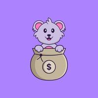 Cute koala playing in money bag. Animal cartoon concept isolated. Can used for t-shirt, greeting card, invitation card or mascot. Flat Cartoon Style vector