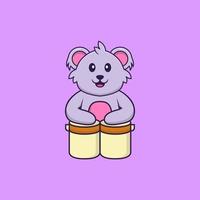 lindo koala está tocando la batería. aislado concepto de dibujos animados de animales. Puede utilizarse para camiseta, tarjeta de felicitación, tarjeta de invitación o mascota. estilo de dibujos animados plana vector