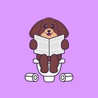 Cute dog Pooping On Toilet and read newspaper. Animal cartoon concept isolated. Can used for t-shirt, greeting card, invitation card or mascot. Flat Cartoon Style vector