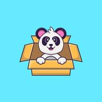 Cute Panda Playing In Box. Animal cartoon concept isolated. Can used for t-shirt, greeting card, invitation card or mascot. Flat Cartoon Style vector