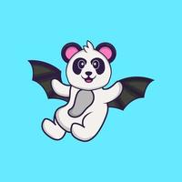lindo panda está volando con alas. aislado concepto de dibujos animados de animales. Puede utilizarse para camiseta, tarjeta de felicitación, tarjeta de invitación o mascota. estilo de dibujos animados plana vector