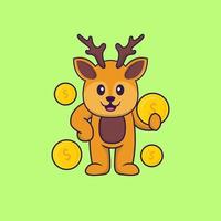 Cute deer holding coin. Animal cartoon concept isolated. Can used for t-shirt, greeting card, invitation card or mascot. Flat Cartoon Style vector