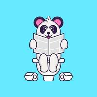 Cute Panda Pooping On Toilet and read newspaper. Animal cartoon concept isolated. Can used for t-shirt, greeting card, invitation card or mascot. Flat Cartoon Style vector