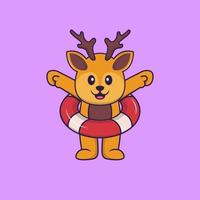 Cute deer using a float. Animal cartoon concept isolated. Can used for t-shirt, greeting card, invitation card or mascot. Flat Cartoon Style vector