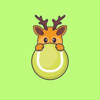 Cute deer playing tennis. Animal cartoon concept isolated. Can used for t-shirt, greeting card, invitation card or mascot. Flat Cartoon Style vector