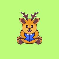 Cute deer reading a book. Animal cartoon concept isolated. Can used for t-shirt, greeting card, invitation card or mascot. Flat Cartoon Style vector