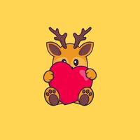 Cute deer holding a big red heart. Animal cartoon concept isolated. Can used for t-shirt, greeting card, invitation card or mascot. Flat Cartoon Style vector