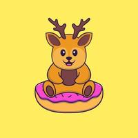 Cute deer is sitting on donuts. Animal cartoon concept isolated. Can used for t-shirt, greeting card, invitation card or mascot. Flat Cartoon Style vector