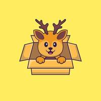 Cute deer Playing In Box. Animal cartoon concept isolated. Can used for t-shirt, greeting card, invitation card or mascot. Flat Cartoon Style vector