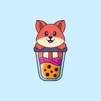 Cute fox Drinking Boba milk tea. Animal cartoon concept isolated. Can used for t-shirt, greeting card, invitation card or mascot. Flat Cartoon Style vector