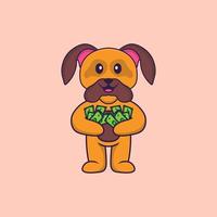 Cute dog holding money. Animal cartoon concept isolated. Can used for t-shirt, greeting card, invitation card or mascot. Flat Cartoon Style vector