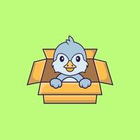 Cute bird Playing In Box. Animal cartoon concept isolated. Can used for t-shirt, greeting card, invitation card or mascot. Flat Cartoon Style vector