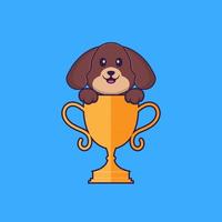 lindo perro con trofeo de oro. aislado concepto de dibujos animados de animales. Puede utilizarse para camiseta, tarjeta de felicitación, tarjeta de invitación o mascota. estilo de dibujos animados plana vector