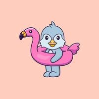 Cute bird With flamingo buoy. Animal cartoon concept isolated. Can used for t-shirt, greeting card, invitation card or mascot. Flat Cartoon Style vector