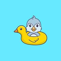 Cute bird With Duck buoy. Animal cartoon concept isolated. Can used for t-shirt, greeting card, invitation card or mascot. Flat Cartoon Style vector