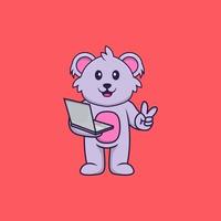Cute koala holding laptop. Animal cartoon concept isolated. Can used for t-shirt, greeting card, invitation card or mascot. Flat Cartoon Style vector