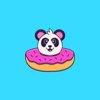 Cute Panda with a donut on his neck. Animal cartoon concept isolated. Can used for t-shirt, greeting card, invitation card or mascot. Flat Cartoon Style