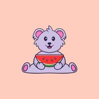 lindo koala comiendo sandía. aislado concepto de dibujos animados de animales. Puede utilizarse para camiseta, tarjeta de felicitación, tarjeta de invitación o mascota. estilo de dibujos animados plana