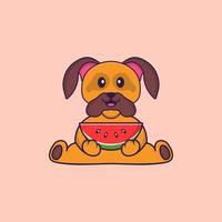 lindo perro comiendo sandía. aislado concepto de dibujos animados de animales. Puede utilizarse para camiseta, tarjeta de felicitación, tarjeta de invitación o mascota. estilo de dibujos animados plana vector