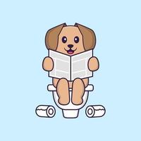 Cute dog Pooping On Toilet and read newspaper. Animal cartoon concept isolated. Can used for t-shirt, greeting card, invitation card or mascot. Flat Cartoon Style vector