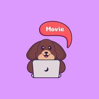 Cute dog is watching a movie. Animal cartoon concept isolated. Can used for t-shirt, greeting card, invitation card or mascot. Flat Cartoon Style vector