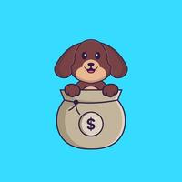 lindo perro jugando en la bolsa de dinero. aislado concepto de dibujos animados de animales. Puede utilizarse para camiseta, tarjeta de felicitación, tarjeta de invitación o mascota. estilo de dibujos animados plana vector