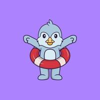 Cute bird using a float. Animal cartoon concept isolated. Can used for t-shirt, greeting card, invitation card or mascot. Flat Cartoon Style vector