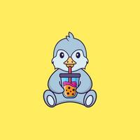 Cute bird Drinking Boba milk tea. Animal cartoon concept isolated. Can used for t-shirt, greeting card, invitation card or mascot. Flat Cartoon Style vector