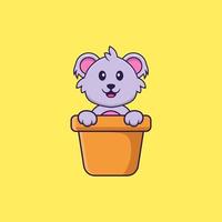 Cute koala in a flower vase. Animal cartoon concept isolated. Can used for t-shirt, greeting card, invitation card or mascot. Flat Cartoon Style vector