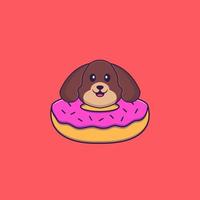 Cute dog with a donut on his neck. Animal cartoon concept isolated. Can used for t-shirt, greeting card, invitation card or mascot. Flat Cartoon Style vector