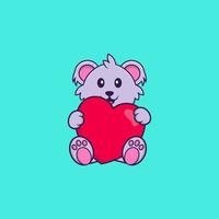 lindo koala sosteniendo un gran corazón rojo. aislado concepto de dibujos animados de animales. Puede utilizarse para camiseta, tarjeta de felicitación, tarjeta de invitación o mascota. estilo de dibujos animados plana vector